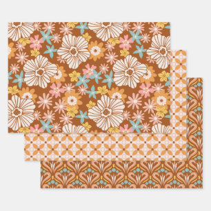 Groovy Retro 70er Blume und geometrische Muster Geschenkpapier Set