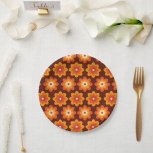 Groovy Retro 70er boho hippie Orange Blume Muster Pappteller