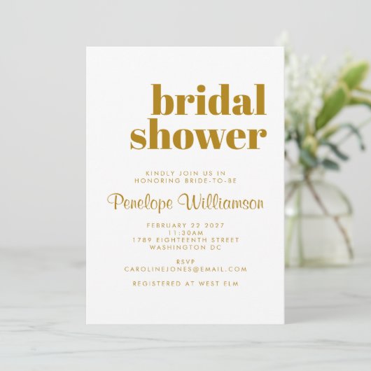 Groovy Retro 70er Botanical Blue Gold Brautparty Einladung (Stehend Vorderseite)