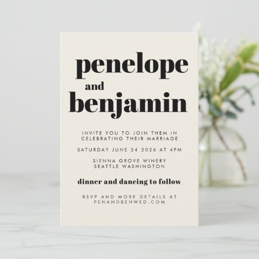 Groovy Retro 70er Design Black All-in-One Hochzeit Einladung (Stehend Vorderseite)