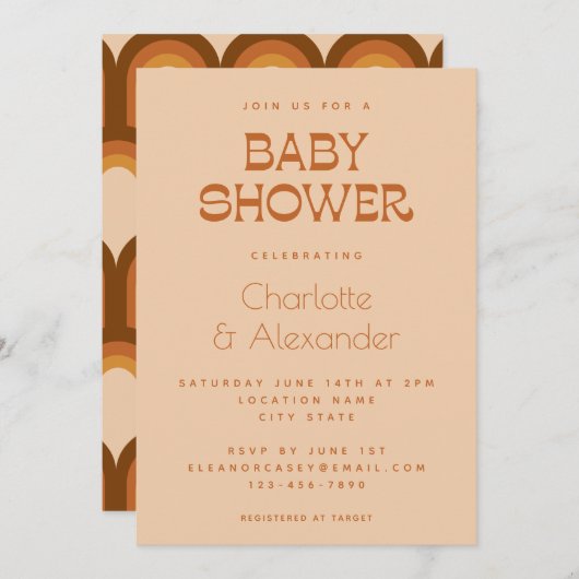 Groovy Retro 70er Design Brown Couples Kinderdusch Einladung (Vorne/Hinten)