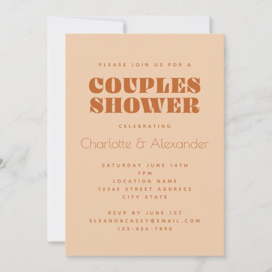 Groovy Retro 70er Design in Braun Paare Dusche in Einladung (Vorderseite)