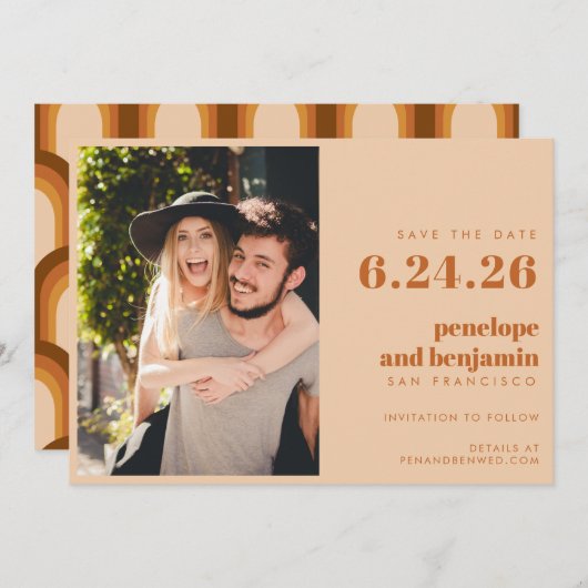 Groovy Retro 70er Design in Brown FOTO Wedding Save The Date (Vorne/Hinten)