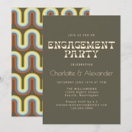 Groovy Retro 70er Design in Olive Engagement Party Einladung