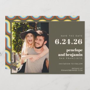 Groovy Retro 70er Design in Olive FOTO Hochzeit Save The Date
