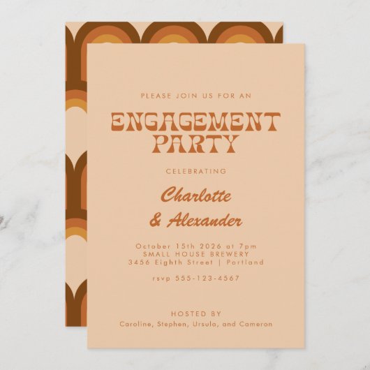 Groovy Retro 70er Design Tan Verlobung Host Party Einladung (Vorne/Hinten)
