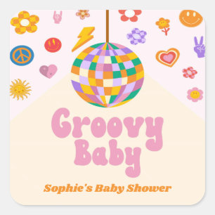 Groovy Retro 70er Disco-Kugel-Baby-Party-Favor Quadratischer Aufkleber