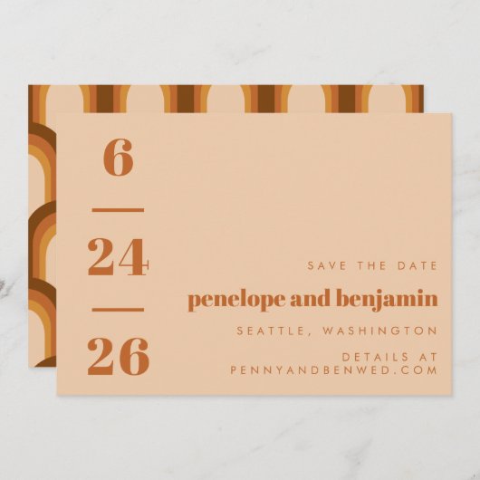 Groovy Retro 70er Earthy Brown Neutrals Mod Weddin Save The Date (Vorne/Hinten)