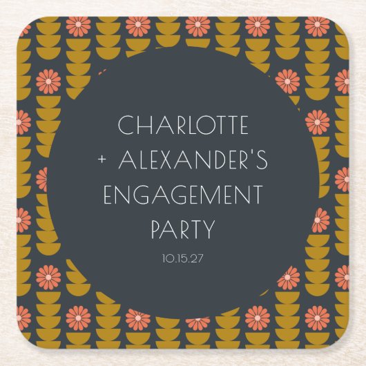 Groovy Retro 70er Floral Custom Engagement Party Rechteckiger Pappuntersetzer (Vorderseite)