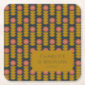 Groovy Retro 70er Floral Gold Blue Custom Wedding Rechteckiger Pappuntersetzer (Vorderseite)