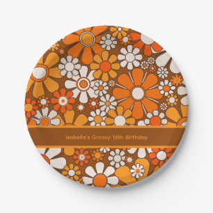 Groovy Retro 70er Floral Personalisiert Pappteller