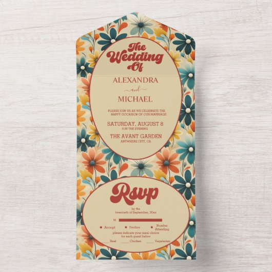Groovy Retro 70er Floral Wedding All In One Einladung (Innen Boden)
