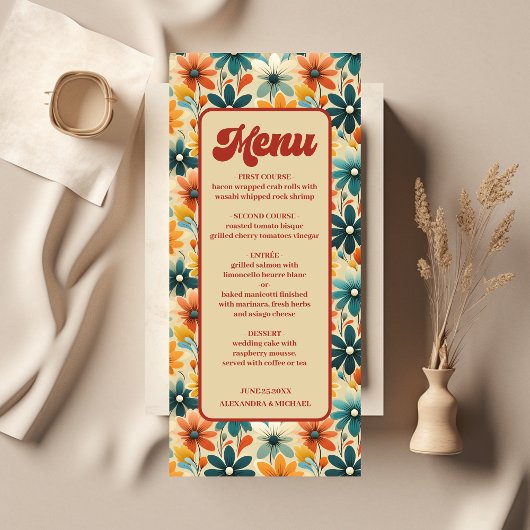 Groovy Retro 70er Floral Wedding Menükarte