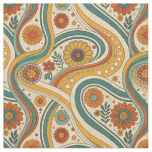 Groovy Retro 70er Jahre Blumen & Swirls Floralmust Stoff