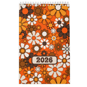 Groovy Retro 70er Jahre Blumenmuster 2027 Braun un Kalender