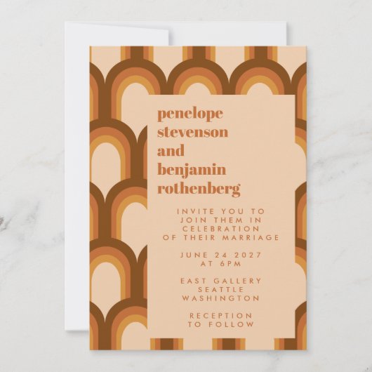 Groovy Retro 70er Muster Design in Brown Wedding I Einladung (Vorderseite)
