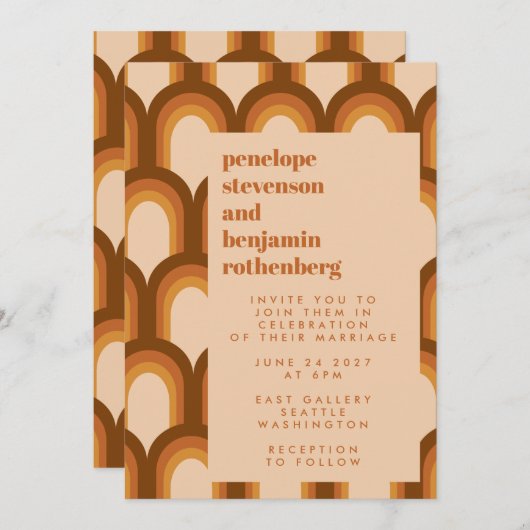 Groovy Retro 70er Muster Design in Brown Wedding I Einladung (Vorne/Hinten)