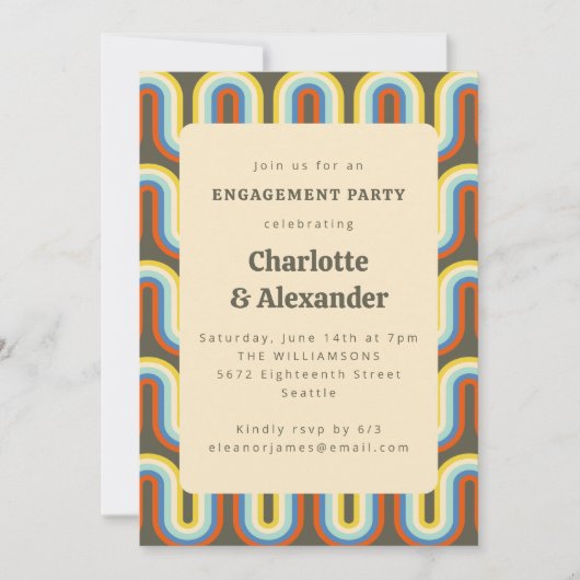 Groovy Retro 70er Olive Pattern Engagement Party Einladung (Vorderseite)
