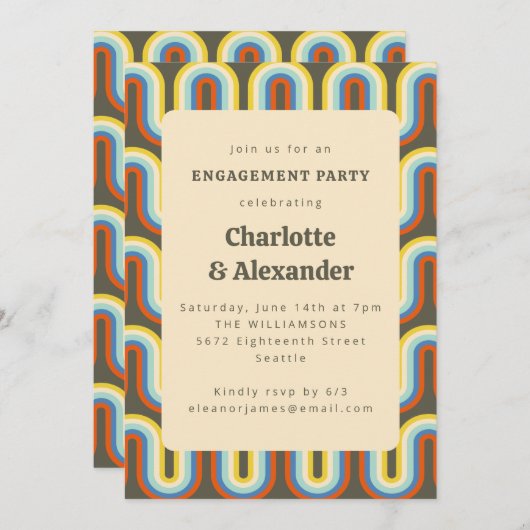 Groovy Retro 70er Olive Pattern Engagement Party Einladung (Vorne/Hinten)