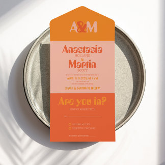 Groovy Retro 70er Peach Orange Bold Wedding All In One Einladung