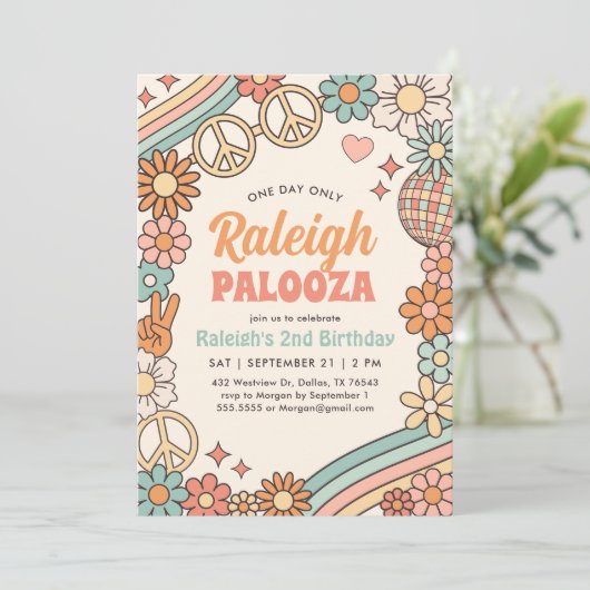 Groovy Retro 70er Rainbow Birthday Einladung (Stehend Vorderseite)