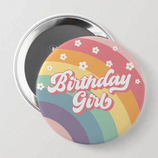 Groovy Retro 70er Rainbow Birthday Girl Button (Vorne & Hinten)