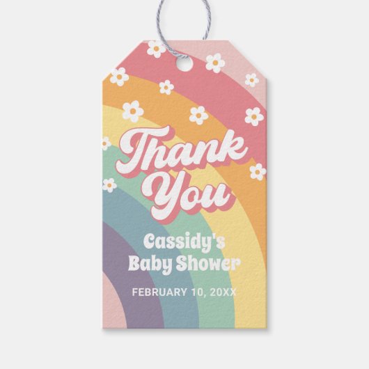 Groovy Retro 70er Rainbow Daisy Baby Shower Geschenkanhänger (Vorderseite)