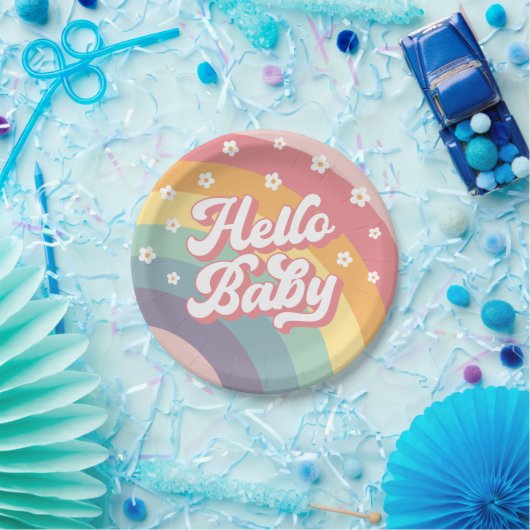 Groovy Retro 70er Rainbow Daisy Baby Shower Pappteller (Party)