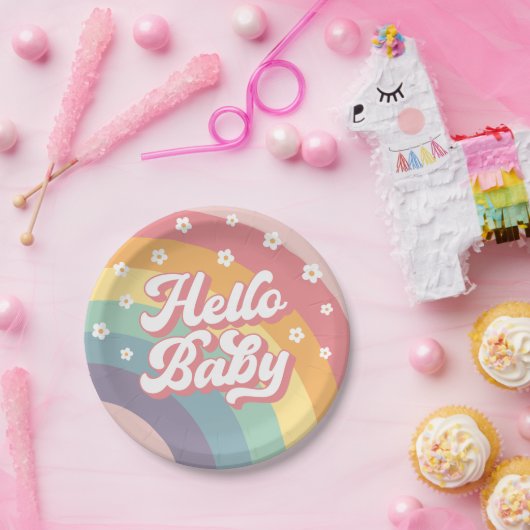 Groovy Retro 70er Rainbow Daisy Baby Shower Pappteller (Party)