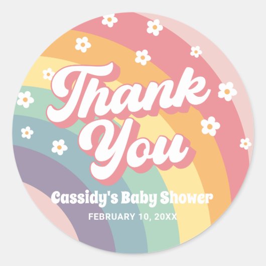 Groovy Retro 70er Rainbow Daisy Baby Shower Runder Aufkleber (Vorderseite)
