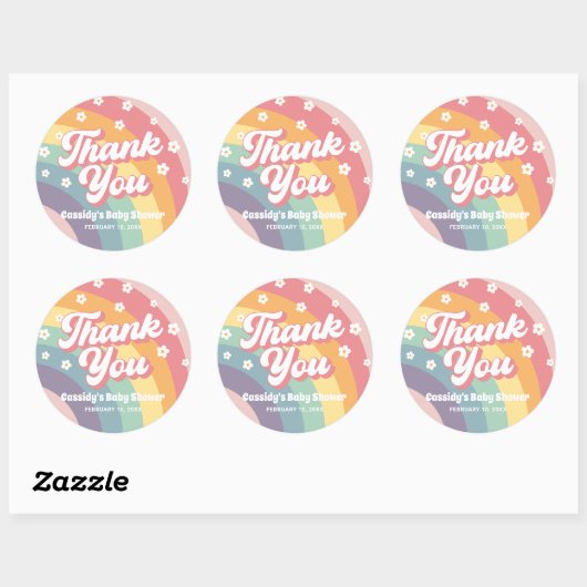 Groovy Retro 70er Rainbow Daisy Baby Shower Runder Aufkleber (Blatt)