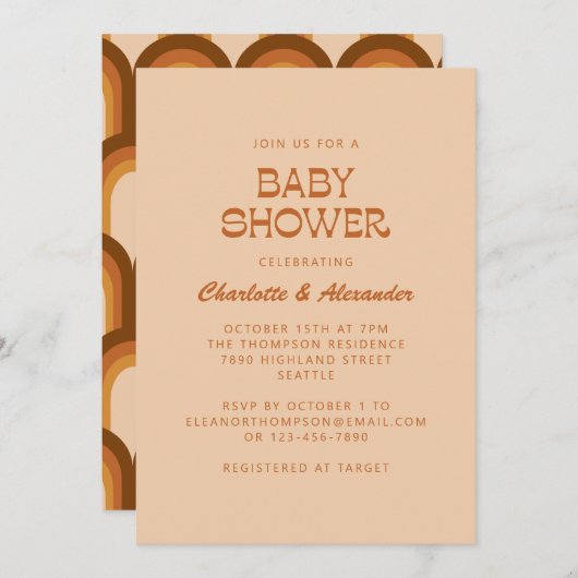 Groovy Retro 70er Terracotta Couples Kinderdusche Einladung (Vorne/Hinten)