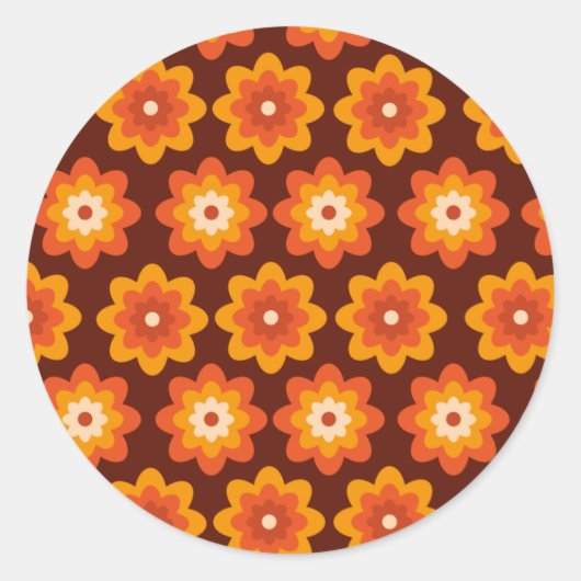 Groovy retro 70s boho hippie orange flower pattern runder aufkleber (Vorderseite)