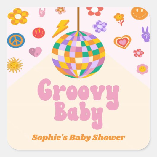 Groovy Retro 70's Disco Ball Baby Shower Gefallen Quadratischer Aufkleber (Vorderseite)