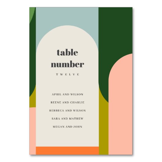 Groovy Retro Arch Abstrakte Hochzeitssitzkarte Tischnummer (Rückseite)