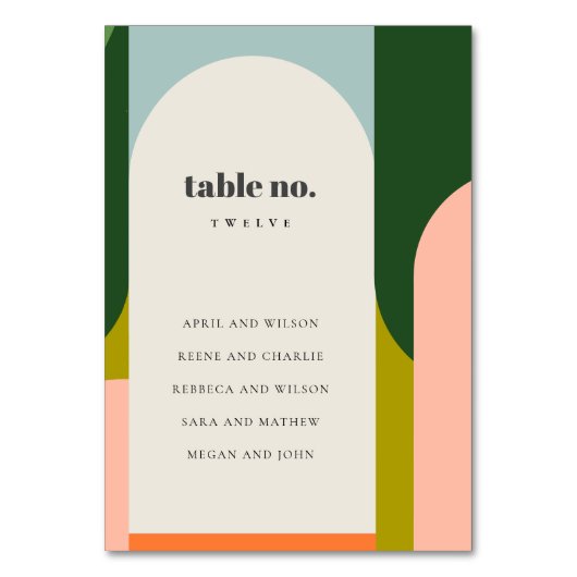 Groovy Retro Arch Abstrakte kühle Hochzeitssitze Tischnummer (Rückseite)