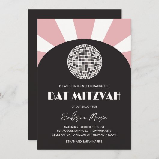 Groovy Retro Black Pink Disco Bat Mitzvah Einladung (Vorne/Hinten)