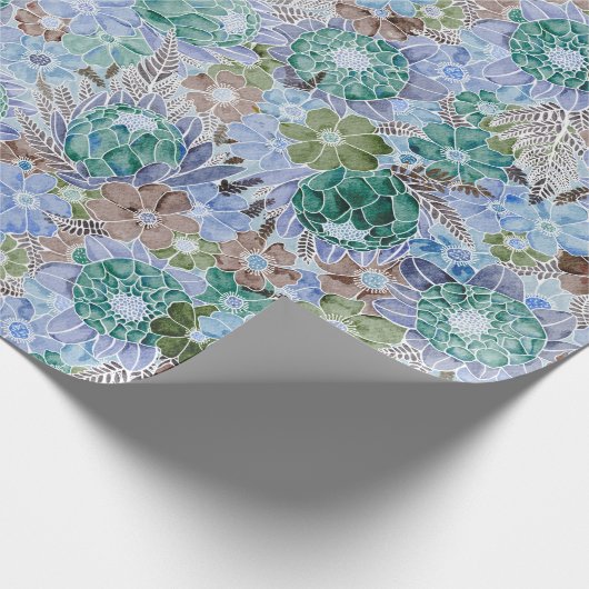 Groovy Retro Blue Protea und Daisy Muster Geschenkpapier (Ecke)