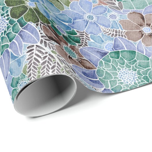 Groovy Retro Blue Protea und Daisy Muster Geschenkpapier (Rolleneckpunkt)