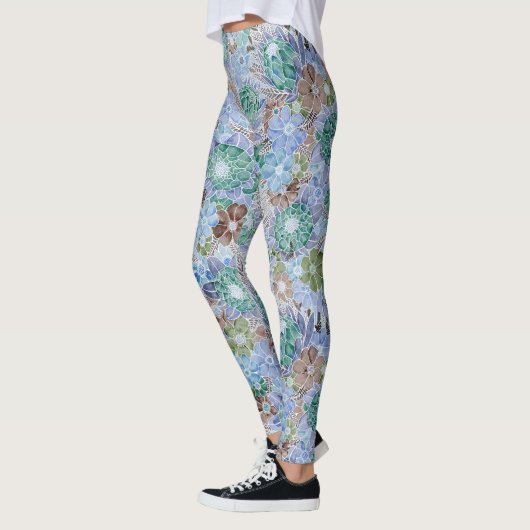 Groovy Retro Blue Protea und Daisy Muster Leggings (Links)