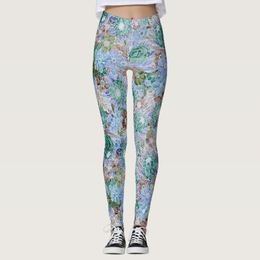 Groovy Retro Blue Protea und Daisy Muster Leggings (Vorderseite)