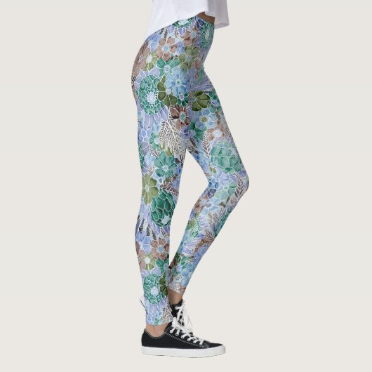 Groovy Retro Blue Protea und Daisy Muster Leggings (Rechts)