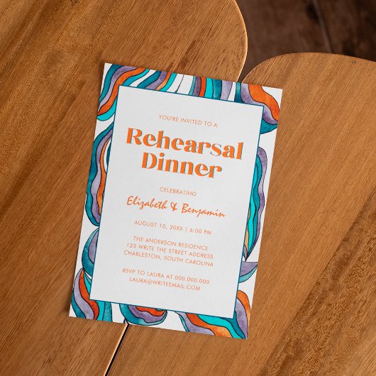 Groovy Retro Blue Wavy Hochzeit Probe Dinner Einladung