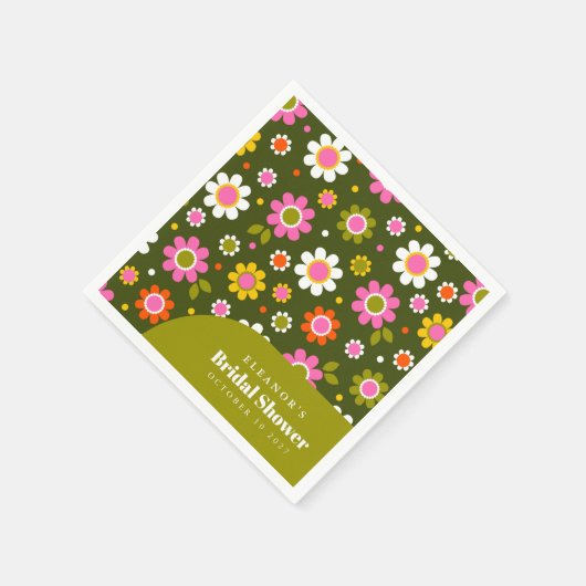 Groovy Retro Blume Olivenöl Brautparty Custom Na Serviette (Ecke)
