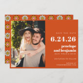 Groovy Retro Blume Orange Pink Foto Hochzeit Save The Date (Vorne/Hinten)