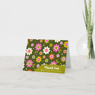 Groovy Retro Blumen Olivenfarbene Hochzeitsdusche Dankeskarte
