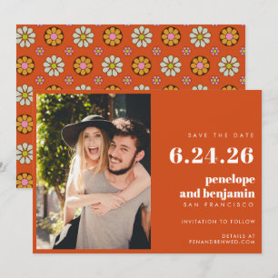 Groovy Retro-Blumen Orange Pink Foto-Hochzeit Save The Date