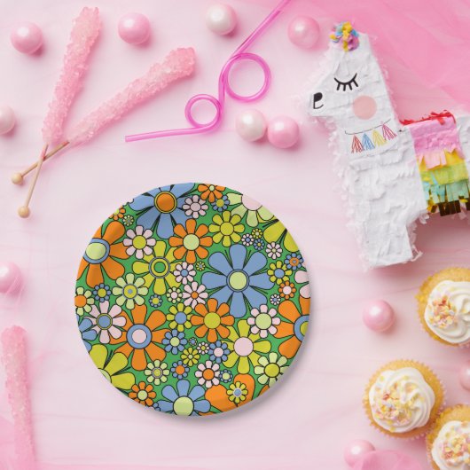 Groovy Retro Blumenfarbige 60er 70er Pattern Pappteller (Party)