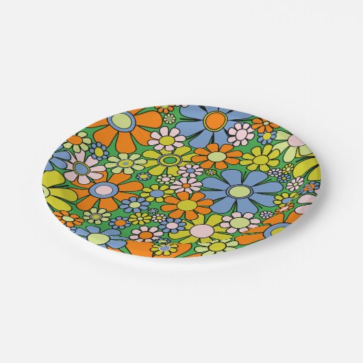 Groovy Retro Blumenfarbige 60er 70er Pattern Pappteller (Schrägansicht)