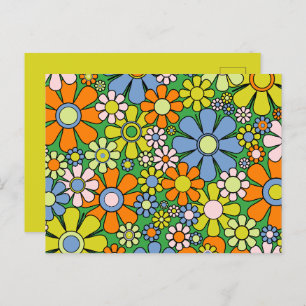 Groovy Retro Blumenfarbige 60er 70er Pattern Postkarte